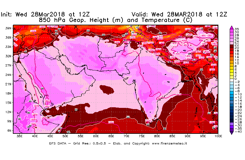 Mappa di analisi GFS - Geopotenziale [m] e Temperatura [°C] a 850 hPa in Asia Sud-Occidentale
							del 28/03/2018 12 <!--googleoff: index-->UTC<!--googleon: index-->