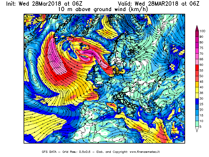 Mappa di analisi GFS - Velocità del vento a 10 metri dal suolo [km/h] in Europa
							del 28/03/2018 06 <!--googleoff: index-->UTC<!--googleon: index-->