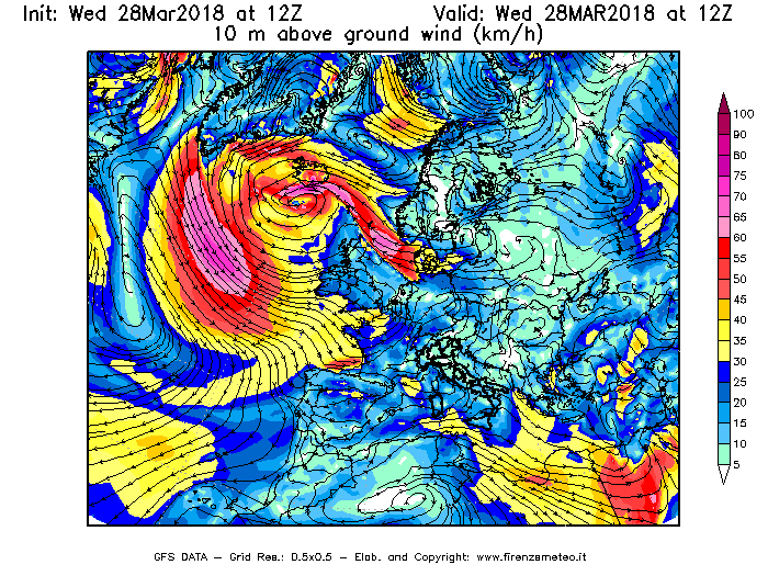 Mappa di analisi GFS - Velocità del vento a 10 metri dal suolo [km/h] in Europa
							del 28/03/2018 12 <!--googleoff: index-->UTC<!--googleon: index-->