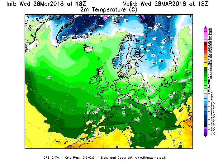 Mappa di analisi GFS - Temperatura a 2 metri dal suolo [°C] in Europa
							del 28/03/2018 18 <!--googleoff: index-->UTC<!--googleon: index-->
