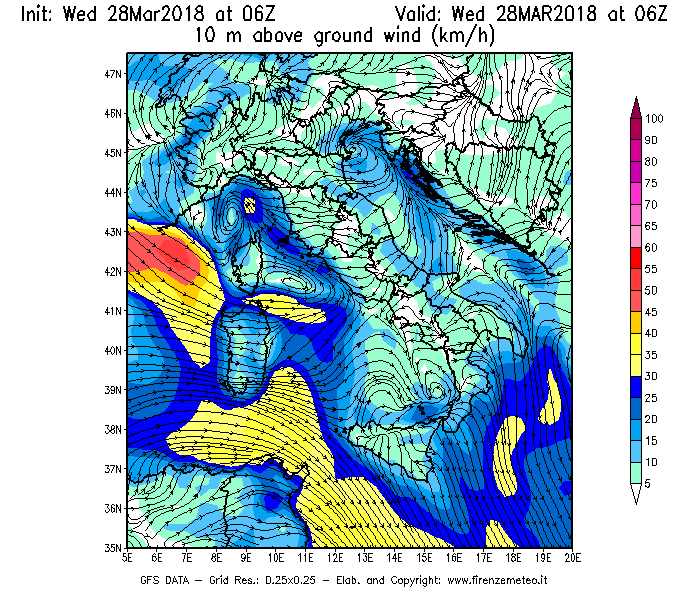 Mappa di analisi GFS - Velocità del vento a 10 metri dal suolo [km/h] in Italia
							del 28/03/2018 06 <!--googleoff: index-->UTC<!--googleon: index-->