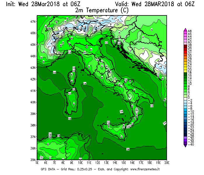Mappa di analisi GFS - Temperatura a 2 metri dal suolo [°C] in Italia
							del 28/03/2018 06 <!--googleoff: index-->UTC<!--googleon: index-->