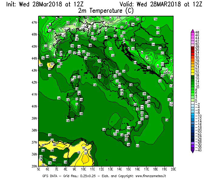 Mappa di analisi GFS - Temperatura a 2 metri dal suolo [°C] in Italia
							del 28/03/2018 12 <!--googleoff: index-->UTC<!--googleon: index-->
