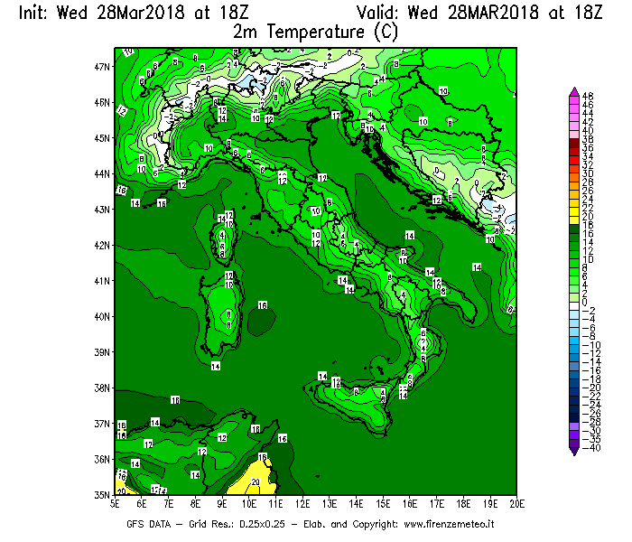 Mappa di analisi GFS - Temperatura a 2 metri dal suolo [°C] in Italia
							del 28/03/2018 18 <!--googleoff: index-->UTC<!--googleon: index-->