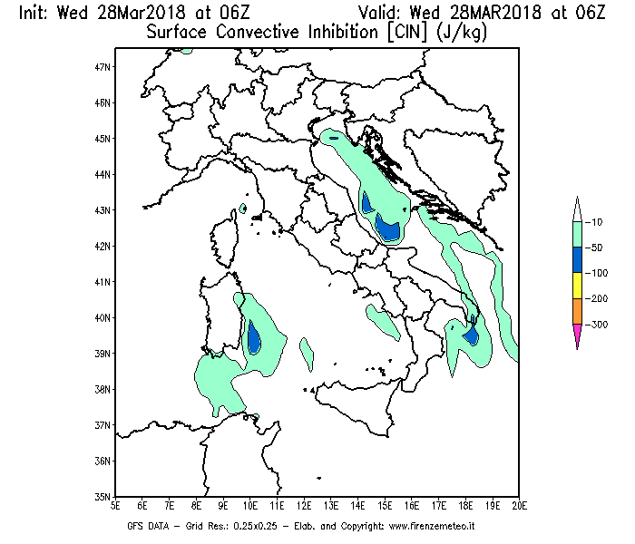 Mappa di analisi GFS - CIN [J/kg] in Italia
							del 28/03/2018 06 <!--googleoff: index-->UTC<!--googleon: index-->