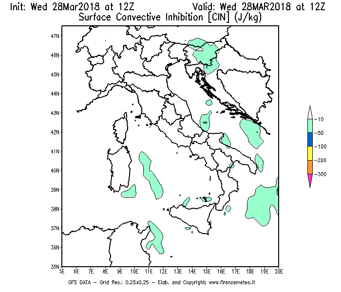 Mappa di analisi GFS - CIN [J/kg] in Italia
							del 28/03/2018 12 <!--googleoff: index-->UTC<!--googleon: index-->