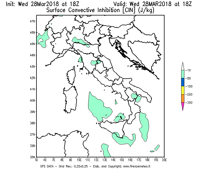 Mappa di analisi GFS - CIN [J/kg] in Italia
							del 28/03/2018 18 <!--googleoff: index-->UTC<!--googleon: index-->