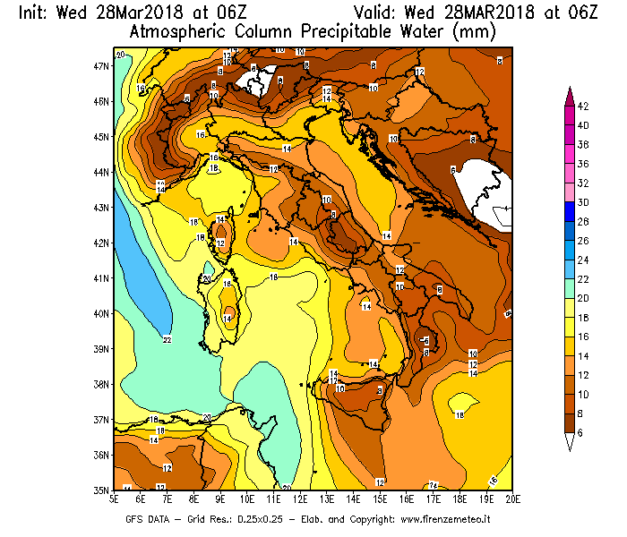 Mappa di analisi GFS - Precipitable Water [mm] in Italia
							del 28/03/2018 06 <!--googleoff: index-->UTC<!--googleon: index-->