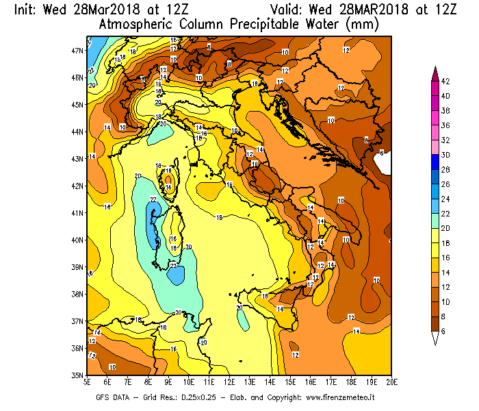 Mappa di analisi GFS - Precipitable Water [mm] in Italia
							del 28/03/2018 12 <!--googleoff: index-->UTC<!--googleon: index-->