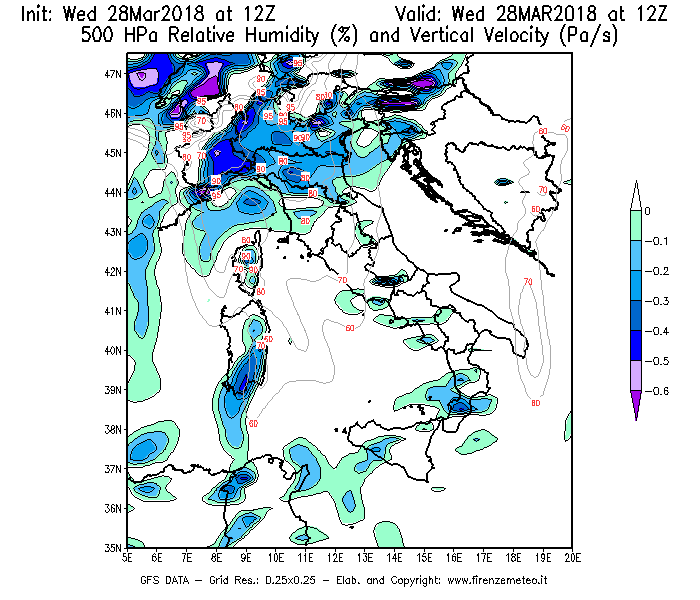 Mappa di analisi GFS - Umidità relativa [%] e Omega [Pa/s] a 500 hPa in Italia
							del 28/03/2018 12 <!--googleoff: index-->UTC<!--googleon: index-->