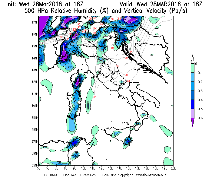 Mappa di analisi GFS - Umidità relativa [%] e Omega [Pa/s] a 500 hPa in Italia
							del 28/03/2018 18 <!--googleoff: index-->UTC<!--googleon: index-->