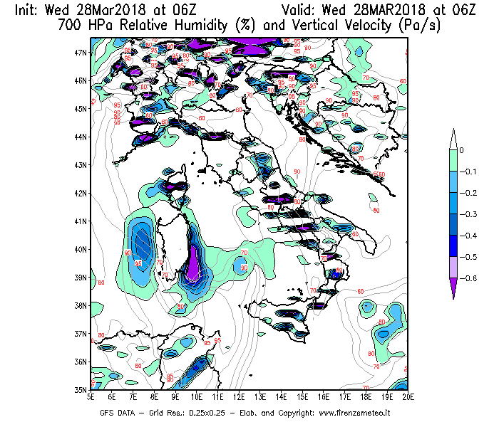 Mappa di analisi GFS - Umidità relativa [%] e Omega [Pa/s] a 700 hPa in Italia
							del 28/03/2018 06 <!--googleoff: index-->UTC<!--googleon: index-->