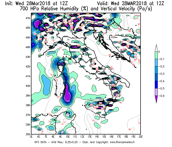 Mappa di analisi GFS - Umidità relativa [%] e Omega [Pa/s] a 700 hPa in Italia
							del 28/03/2018 12 <!--googleoff: index-->UTC<!--googleon: index-->