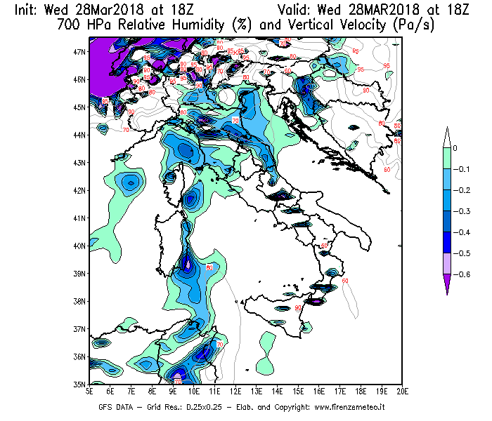 Mappa di analisi GFS - Umidità relativa [%] e Omega [Pa/s] a 700 hPa in Italia
							del 28/03/2018 18 <!--googleoff: index-->UTC<!--googleon: index-->
