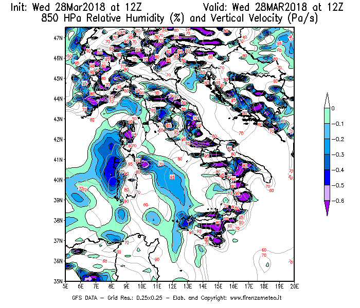 Mappa di analisi GFS - Umidità relativa [%] e Omega [Pa/s] a 850 hPa in Italia
							del 28/03/2018 12 <!--googleoff: index-->UTC<!--googleon: index-->