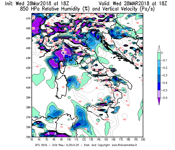 Mappa di analisi GFS - Umidità relativa [%] e Omega [Pa/s] a 850 hPa in Italia
							del 28/03/2018 18 <!--googleoff: index-->UTC<!--googleon: index-->