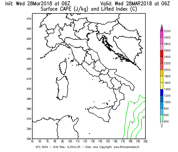 Mappa di analisi GFS - CAPE [J/kg] e Lifted Index [°C] in Italia
							del 28/03/2018 06 <!--googleoff: index-->UTC<!--googleon: index-->