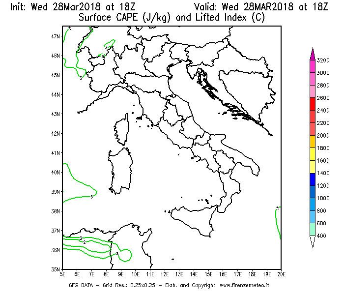 Mappa di analisi GFS - CAPE [J/kg] e Lifted Index [°C] in Italia
							del 28/03/2018 18 <!--googleoff: index-->UTC<!--googleon: index-->