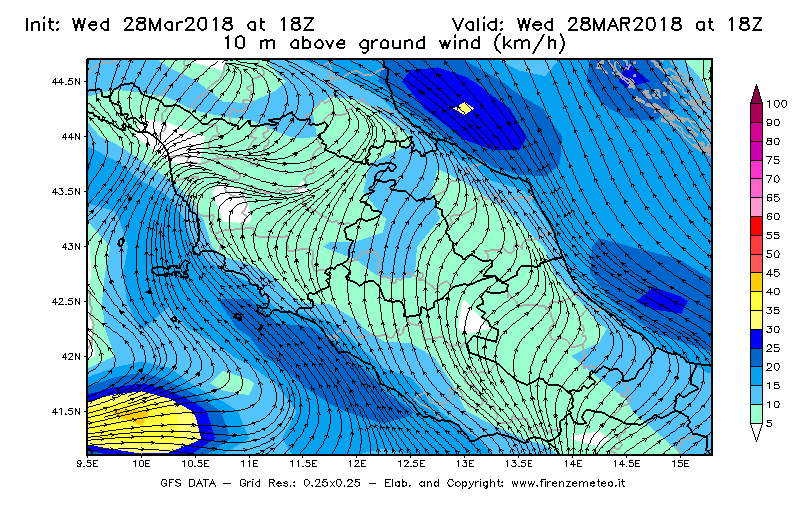 Mappa di analisi GFS - Velocità del vento a 10 metri dal suolo [km/h] in Centro-Italia
							del 28/03/2018 18 <!--googleoff: index-->UTC<!--googleon: index-->