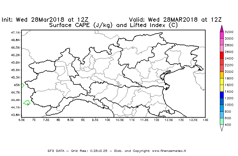 Mappa di analisi GFS - CAPE [J/kg] e Lifted Index [°C] in Nord-Italia
							del 28/03/2018 12 <!--googleoff: index-->UTC<!--googleon: index-->