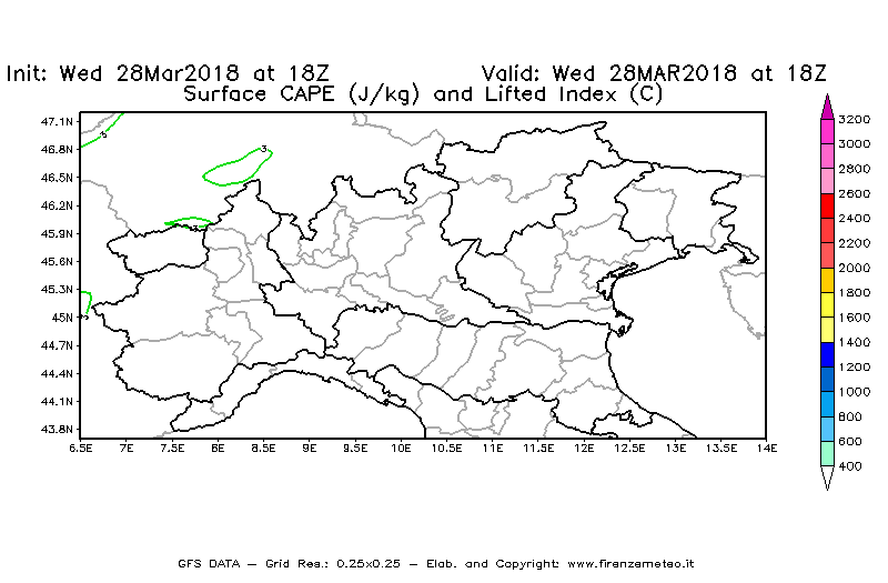Mappa di analisi GFS - CAPE [J/kg] e Lifted Index [°C] in Nord-Italia
							del 28/03/2018 18 <!--googleoff: index-->UTC<!--googleon: index-->