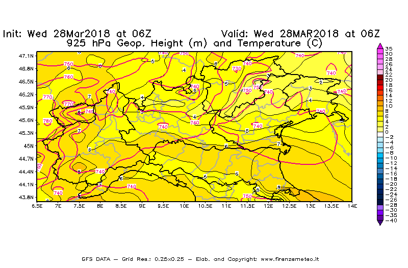 Mappa di analisi GFS - Geopotenziale [m] e Temperatura [°C] a 925 hPa in Nord-Italia
							del 28/03/2018 06 <!--googleoff: index-->UTC<!--googleon: index-->