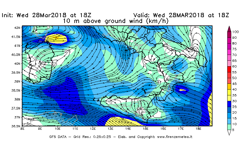 Mappa di analisi GFS - Velocità del vento a 10 metri dal suolo [km/h] in Sud-Italia
							del 28/03/2018 18 <!--googleoff: index-->UTC<!--googleon: index-->