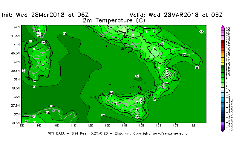 Mappa di analisi GFS - Temperatura a 2 metri dal suolo [°C] in Sud-Italia
							del 28/03/2018 06 <!--googleoff: index-->UTC<!--googleon: index-->