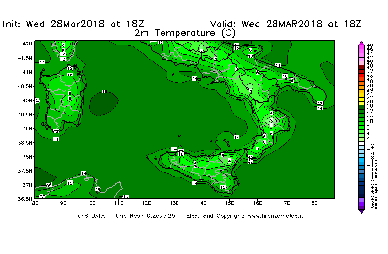 Mappa di analisi GFS - Temperatura a 2 metri dal suolo [°C] in Sud-Italia
							del 28/03/2018 18 <!--googleoff: index-->UTC<!--googleon: index-->