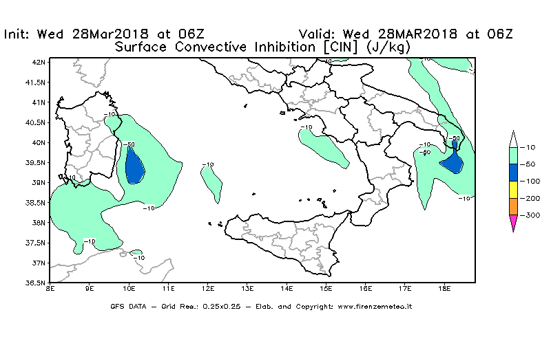 Mappa di analisi GFS - CIN [J/kg] in Sud-Italia
							del 28/03/2018 06 <!--googleoff: index-->UTC<!--googleon: index-->