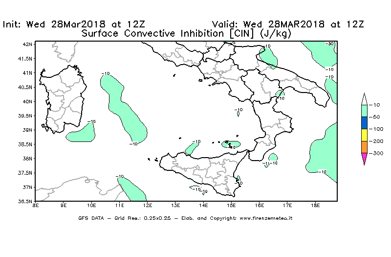 Mappa di analisi GFS - CIN [J/kg] in Sud-Italia
							del 28/03/2018 12 <!--googleoff: index-->UTC<!--googleon: index-->