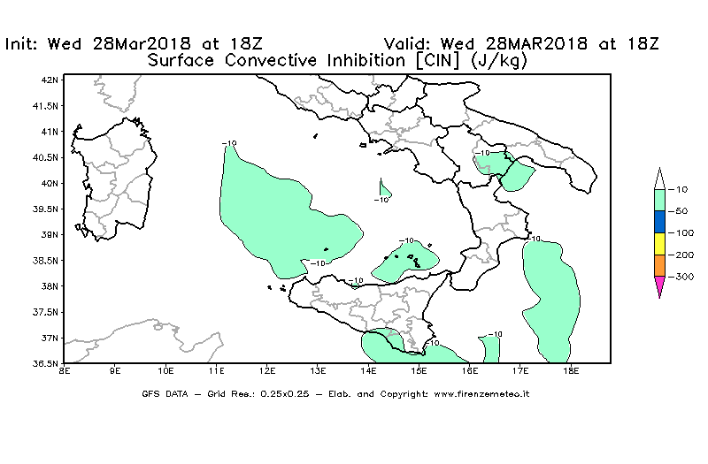 Mappa di analisi GFS - CIN [J/kg] in Sud-Italia
							del 28/03/2018 18 <!--googleoff: index-->UTC<!--googleon: index-->