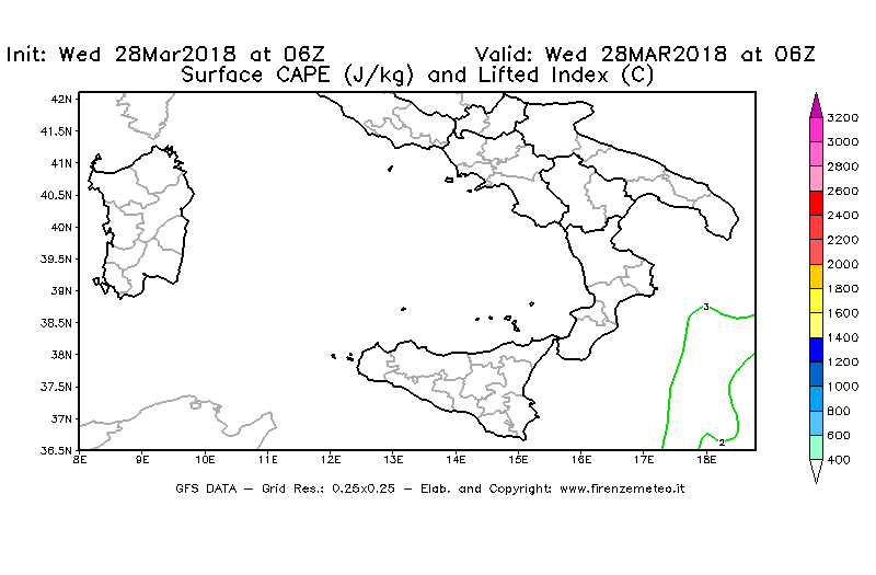 Mappa di analisi GFS - CAPE [J/kg] e Lifted Index [°C] in Sud-Italia
							del 28/03/2018 06 <!--googleoff: index-->UTC<!--googleon: index-->