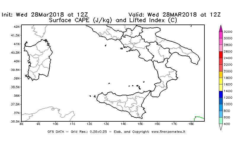 Mappa di analisi GFS - CAPE [J/kg] e Lifted Index [°C] in Sud-Italia
							del 28/03/2018 12 <!--googleoff: index-->UTC<!--googleon: index-->