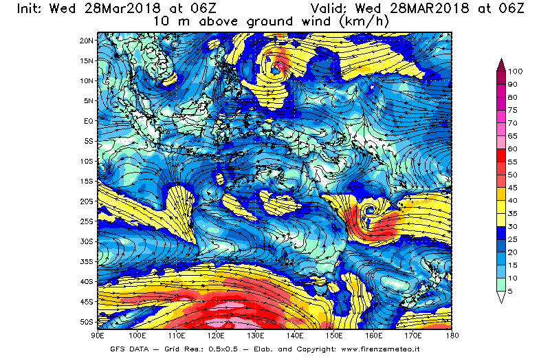 Mappa di analisi GFS - Velocità del vento a 10 metri dal suolo [km/h] in Oceania
							del 28/03/2018 06 <!--googleoff: index-->UTC<!--googleon: index-->