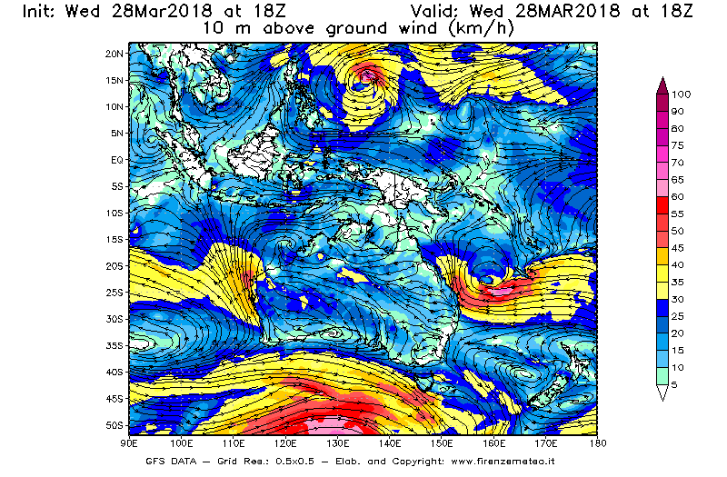 Mappa di analisi GFS - Velocità del vento a 10 metri dal suolo [km/h] in Oceania
							del 28/03/2018 18 <!--googleoff: index-->UTC<!--googleon: index-->