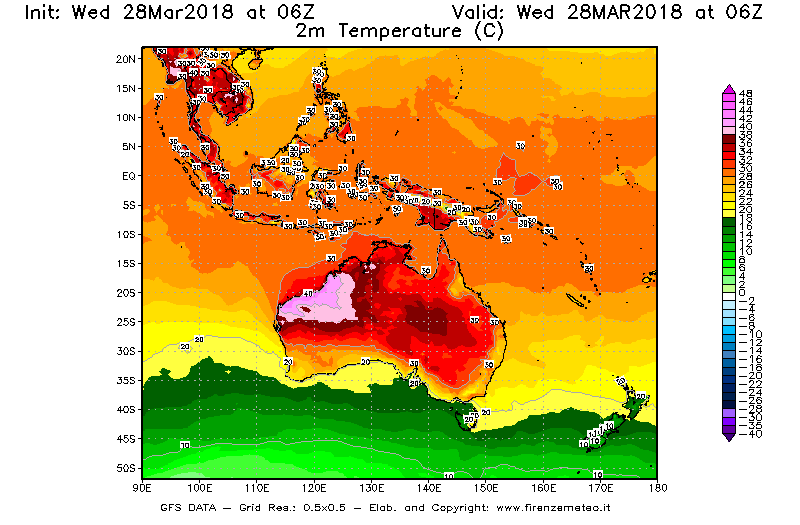 Mappa di analisi GFS - Temperatura a 2 metri dal suolo [°C] in Oceania
							del 28/03/2018 06 <!--googleoff: index-->UTC<!--googleon: index-->