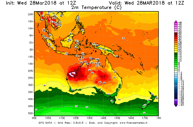 Mappa di analisi GFS - Temperatura a 2 metri dal suolo [°C] in Oceania
							del 28/03/2018 12 <!--googleoff: index-->UTC<!--googleon: index-->