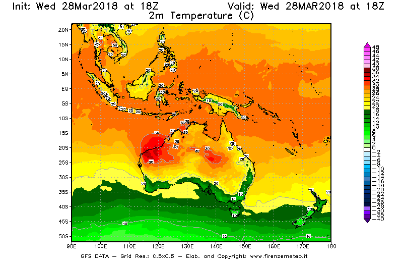 Mappa di analisi GFS - Temperatura a 2 metri dal suolo [°C] in Oceania
							del 28/03/2018 18 <!--googleoff: index-->UTC<!--googleon: index-->