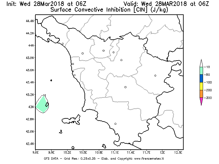 Mappa di analisi GFS - CIN [J/kg] in Toscana
							del 28/03/2018 06 <!--googleoff: index-->UTC<!--googleon: index-->