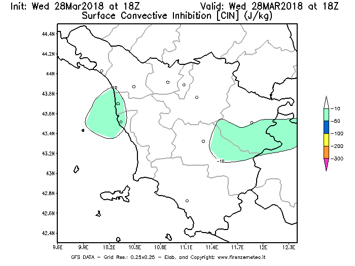 Mappa di analisi GFS - CIN [J/kg] in Toscana
							del 28/03/2018 18 <!--googleoff: index-->UTC<!--googleon: index-->