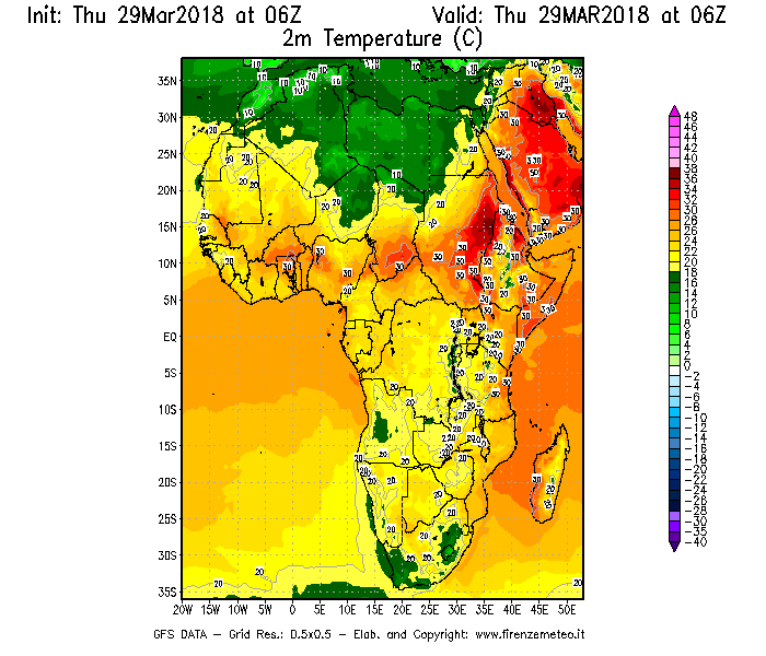 Mappa di analisi GFS - Temperatura a 2 metri dal suolo [°C] in Africa
									del 29/03/2018 06 <!--googleoff: index-->UTC<!--googleon: index-->