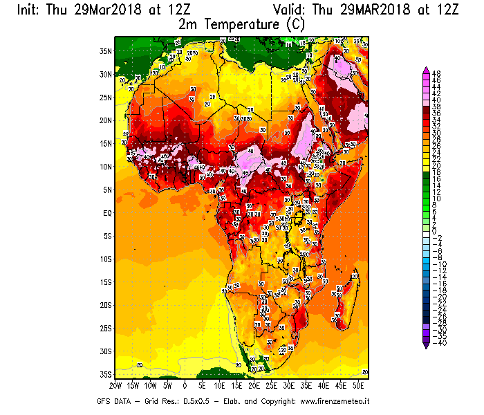 Mappa di analisi GFS - Temperatura a 2 metri dal suolo [°C] in Africa
									del 29/03/2018 12 <!--googleoff: index-->UTC<!--googleon: index-->