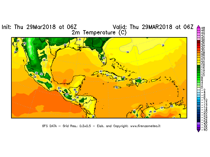 Mappa di analisi GFS - Temperatura a 2 metri dal suolo [°C] in Centro-America
									del 29/03/2018 06 <!--googleoff: index-->UTC<!--googleon: index-->