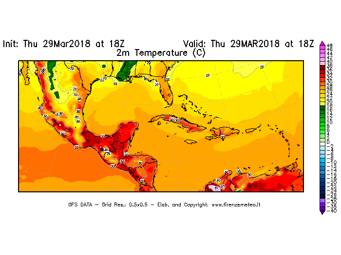Mappa di analisi GFS - Temperatura a 2 metri dal suolo [°C] in Centro-America
									del 29/03/2018 18 <!--googleoff: index-->UTC<!--googleon: index-->