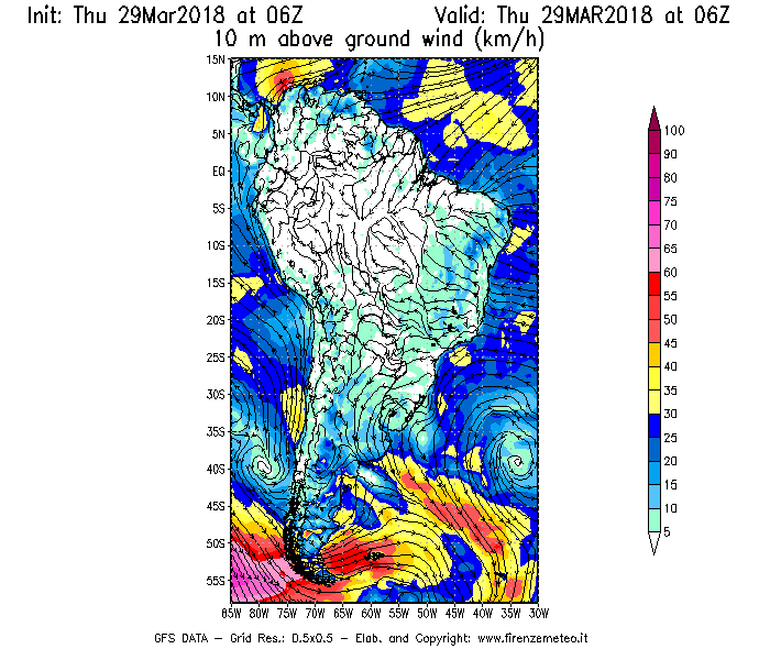 Mappa di analisi GFS - Velocità del vento a 10 metri dal suolo [km/h] in Sud-America
									del 29/03/2018 06 <!--googleoff: index-->UTC<!--googleon: index-->