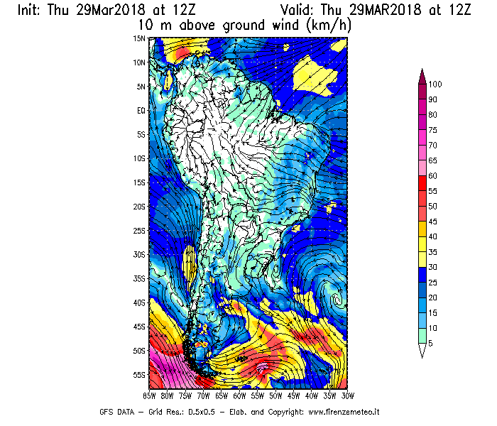 Mappa di analisi GFS - Velocità del vento a 10 metri dal suolo [km/h] in Sud-America
									del 29/03/2018 12 <!--googleoff: index-->UTC<!--googleon: index-->