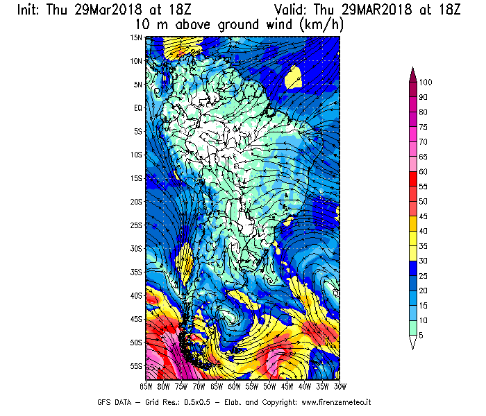 Mappa di analisi GFS - Velocità del vento a 10 metri dal suolo [km/h] in Sud-America
									del 29/03/2018 18 <!--googleoff: index-->UTC<!--googleon: index-->