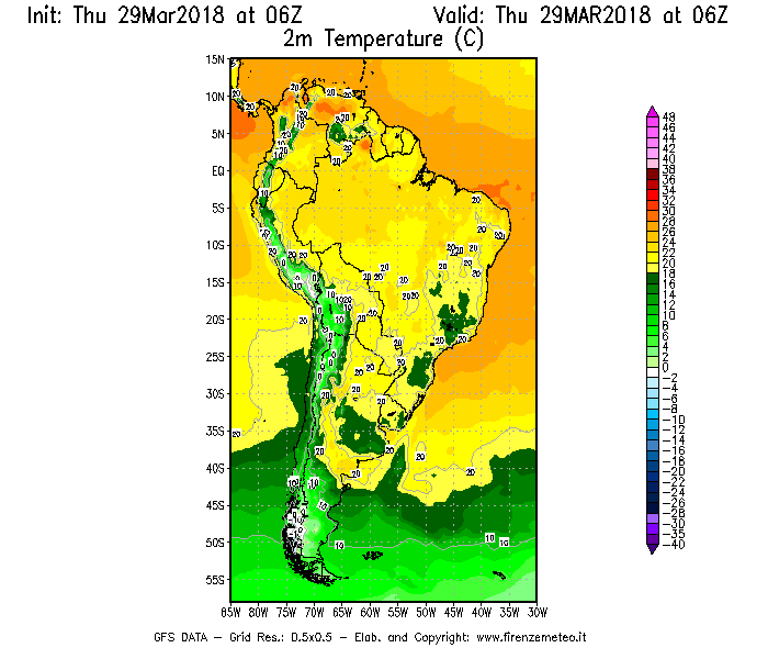 Mappa di analisi GFS - Temperatura a 2 metri dal suolo [°C] in Sud-America
									del 29/03/2018 06 <!--googleoff: index-->UTC<!--googleon: index-->