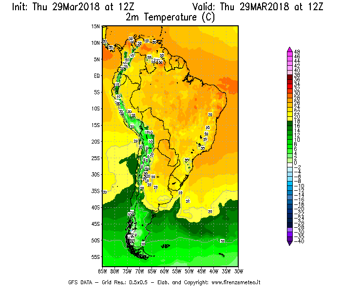 Mappa di analisi GFS - Temperatura a 2 metri dal suolo [°C] in Sud-America
									del 29/03/2018 12 <!--googleoff: index-->UTC<!--googleon: index-->